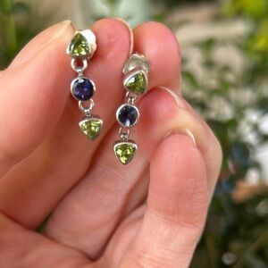 Vintage Sterling Silver Earrings With Peridot and Blue Sapphires